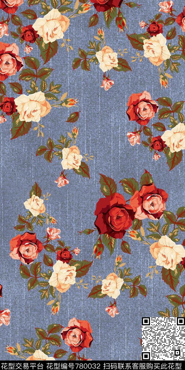 花卉玫瑰花仿牛仔数码印花华亿平台下载（图片编号: 780032） - 瓦栏（Walan）