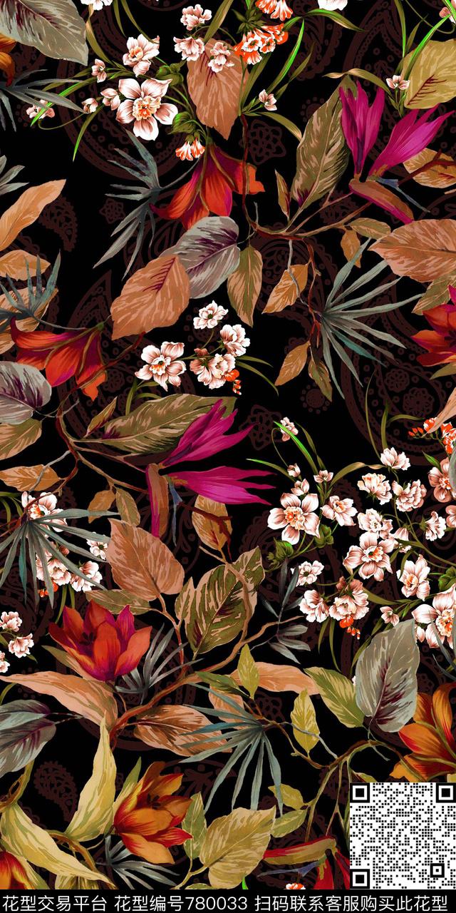 大花桃花热带植物数码印花华亿平台下载（图片编号: 780033） - 瓦栏（Walan）