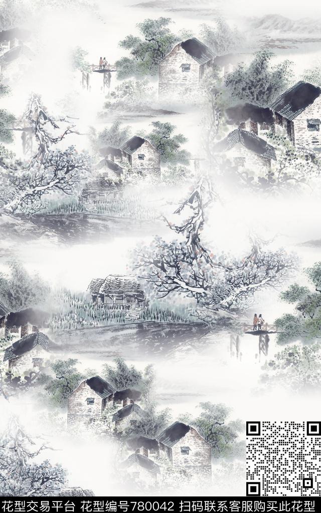国画中国风水乡数码印花华亿平台下载（图片编号: 780042） - 瓦栏（Walan）