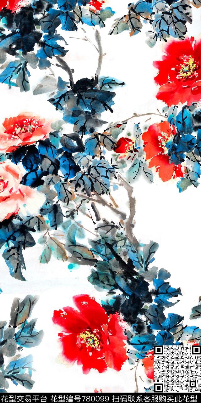 花朵水墨手绘数码印花华亿平台下载（图片编号: 780099） - 瓦栏（Walan）