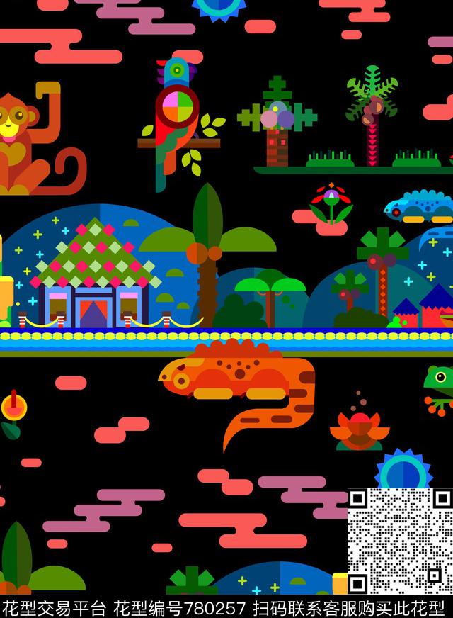 热带雨林几何动物名族风传统印花华亿平台下载（图片编号: 780257） - 瓦栏（Walan）