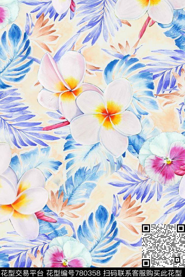 热带风棕榈树花卉数码印花华亿平台下载（图片编号: 780358） - 瓦栏（Walan）
