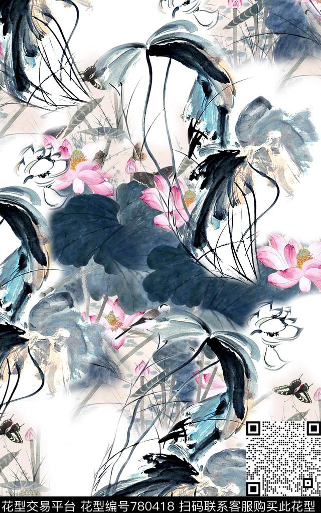 抽象手绘水彩花植物花卉数码印花时尚潮流女装裙子中国风水墨画荷花印花彩绘纹理民族风印花数码印花华亿平台下载（图片编号: 780418） - 瓦栏（Walan）
