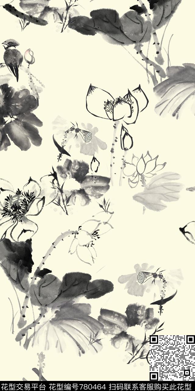 花卉手绘水墨数码印花华亿平台下载（图片编号: 780464） - 瓦栏（Walan）