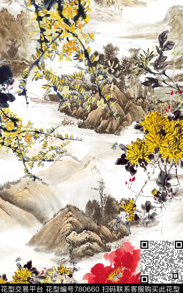 花卉花朵国画中国风数码印花华亿平台下载（图片编号: 780660） - 瓦栏（Walan）