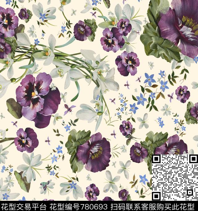 水仙花曼陀罗三色堇数码印花华亿平台下载（图片编号: 780693） - 瓦栏（Walan）