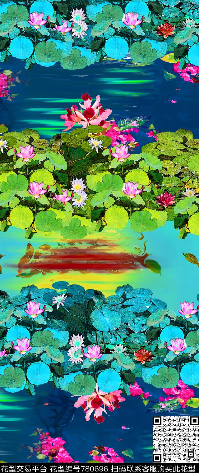 大花荷花花卉数码印花华亿平台下载（图片编号: 780696） - 瓦栏（Walan）