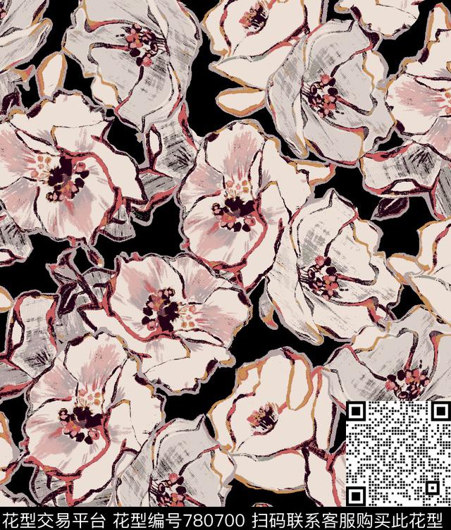 大花花朵花卉传统印花华亿平台下载（图片编号: 780700） - 瓦栏（Walan）