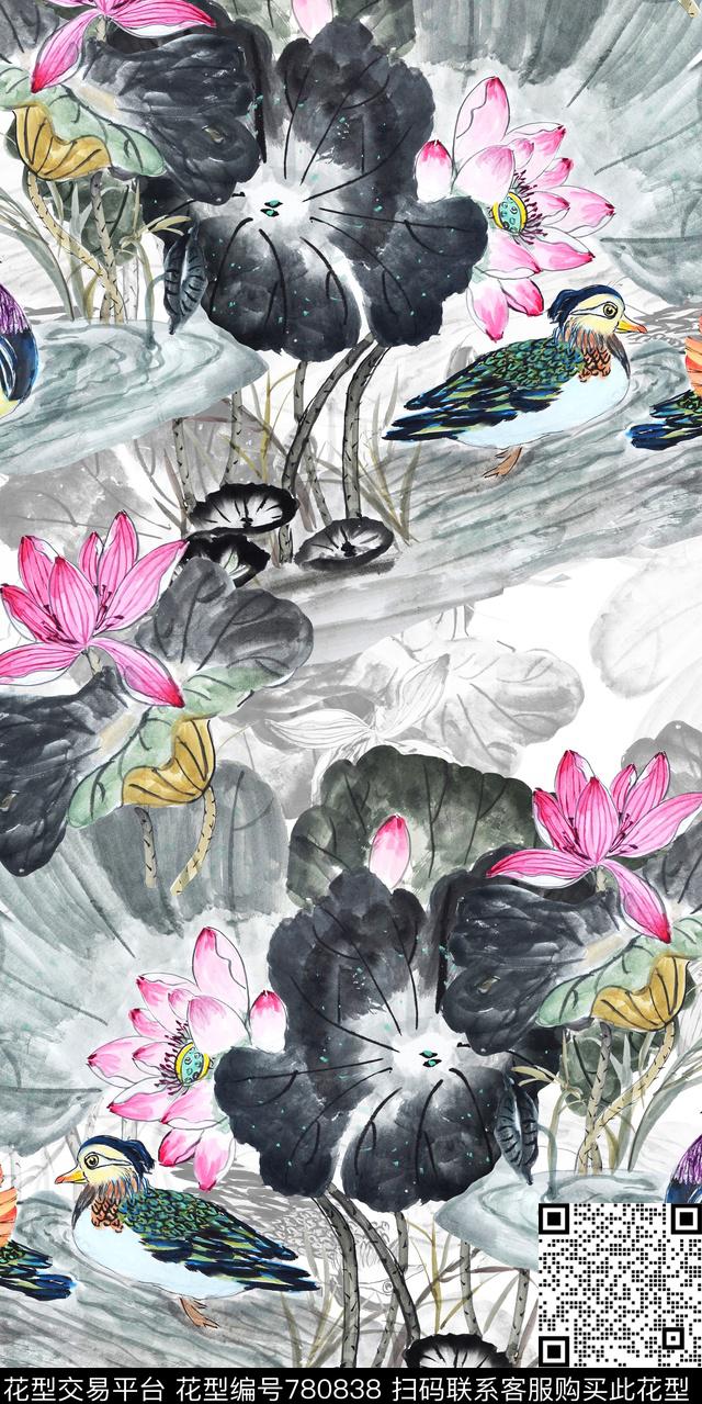 荷花水墨画花朵数码印花华亿平台下载（图片编号: 780838） - 瓦栏（Walan）