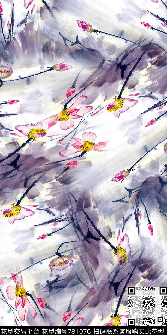 水墨花卉数码印花数码印花华亿平台下载（图片编号: 781076） - 瓦栏（Walan）