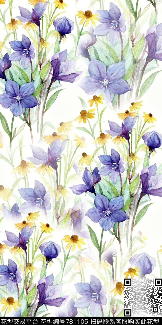 小碎花水彩花卉手绘花卉数码印花华亿平台下载（图片编号: 781105） - 瓦栏（Walan）