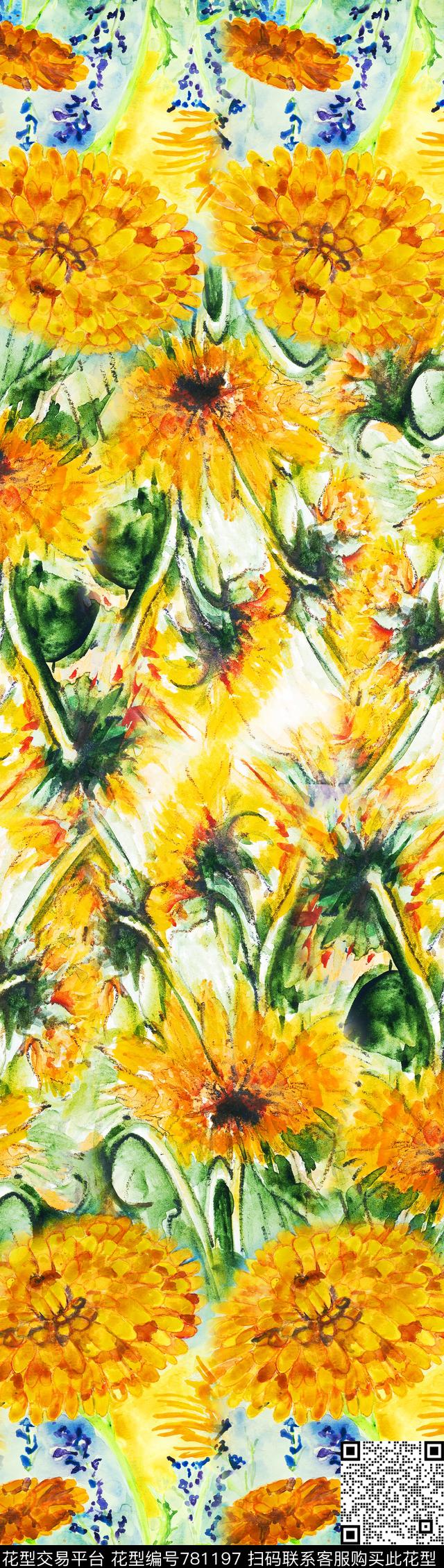 定位手绘花卉数码印花华亿平台下载（图片编号: 781197） - 瓦栏（Walan）