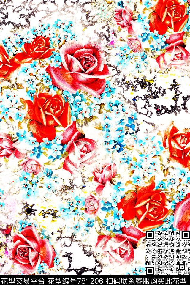 水墨笔触玫瑰数码印花华亿平台下载（图片编号: 781206） - 瓦栏（Walan）
