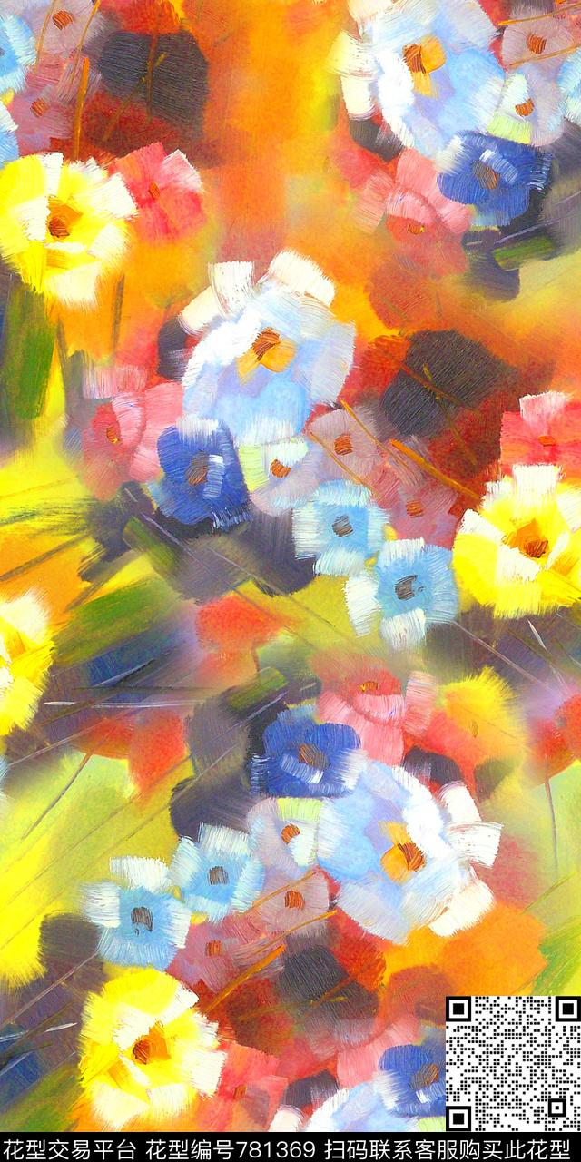 手绘数码印花抽象花卉数码印花华亿平台下载（图片编号: 781369） - 瓦栏（Walan）