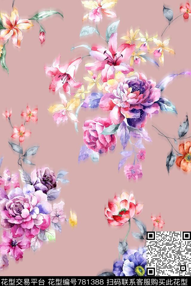 花卉水彩模糊感数码印花华亿平台下载（图片编号: 781388） - 瓦栏（Walan）