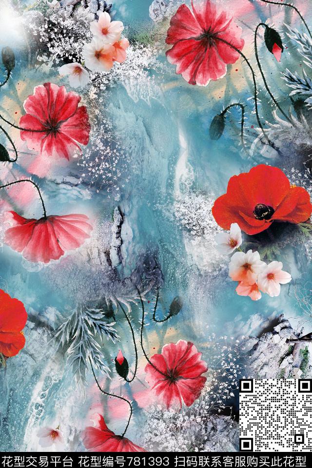 罂粟花朦胧枝条数码印花华亿平台下载（图片编号: 781393） - 瓦栏（Walan）