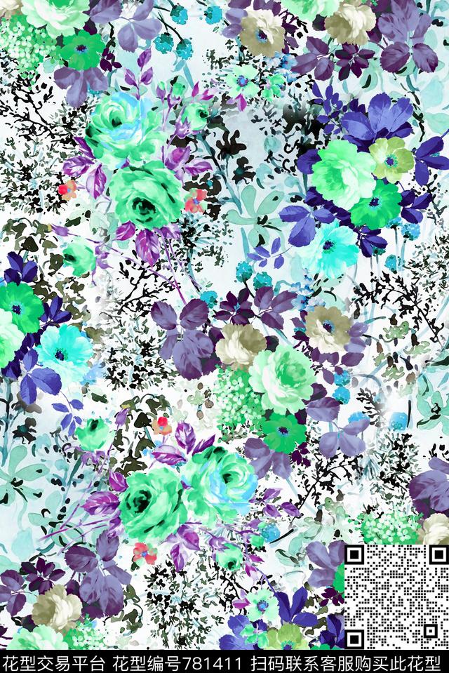 花卉满版组合数码印花华亿平台下载（图片编号: 781411） - 瓦栏（Walan）
