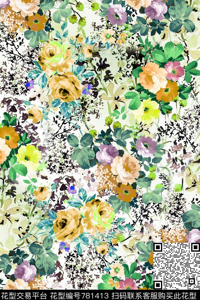花卉满版组合数码印花华亿平台下载（图片编号: 781413） - 瓦栏（Walan）