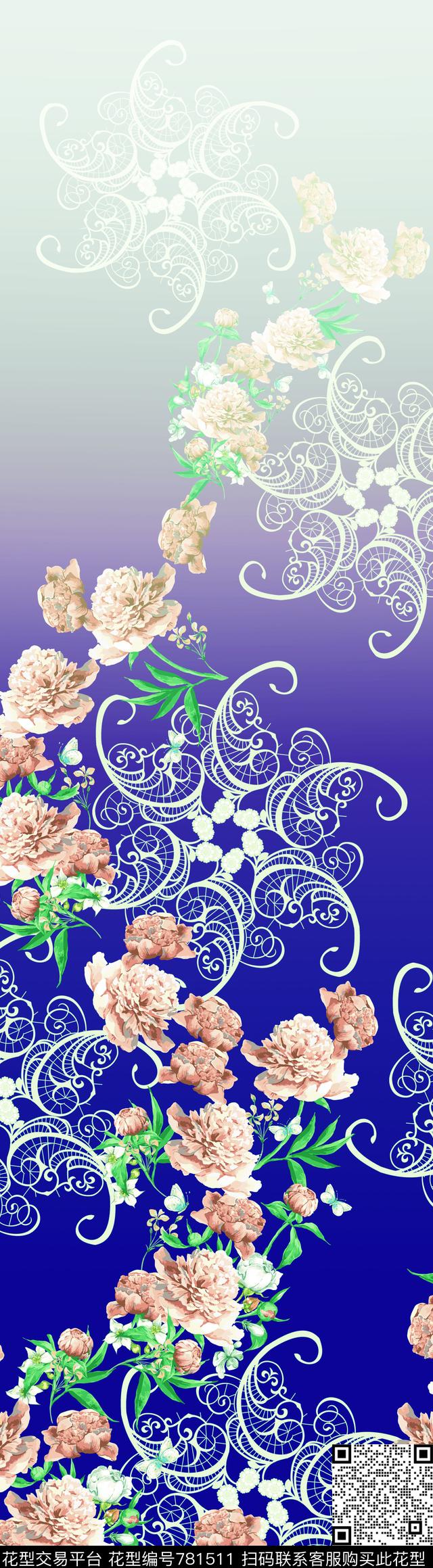 渐变花卉定位数码印花华亿平台下载（图片编号: 781511） - 瓦栏（Walan）