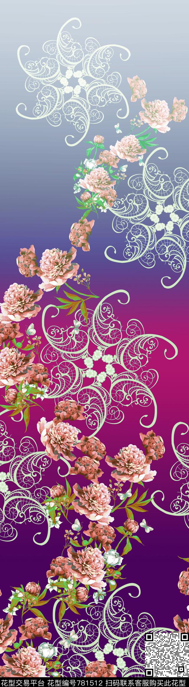 渐变花卉定位数码印花华亿平台下载（图片编号: 781512） - 瓦栏（Walan）