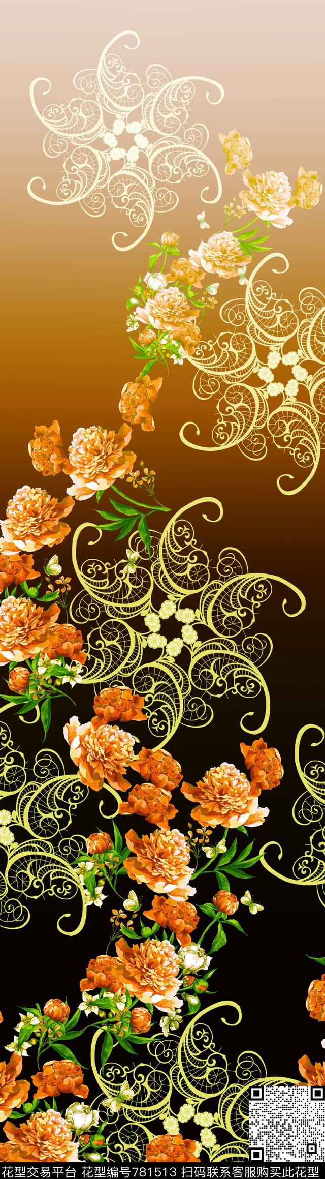 渐变花卉定位数码印花华亿平台下载（图片编号: 781513） - 瓦栏（Walan）