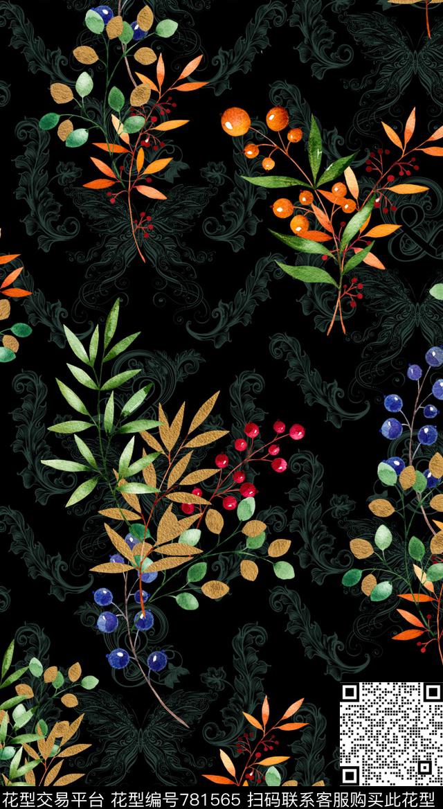 植物叶子印第安波西米亚浆果古典花纹日系中国风欧式素雅壁纸大牌风民族风植物花卉叶子秋冬时尚印花数码印花华亿平台下载（图片编号: 781565） - 瓦栏（Walan）