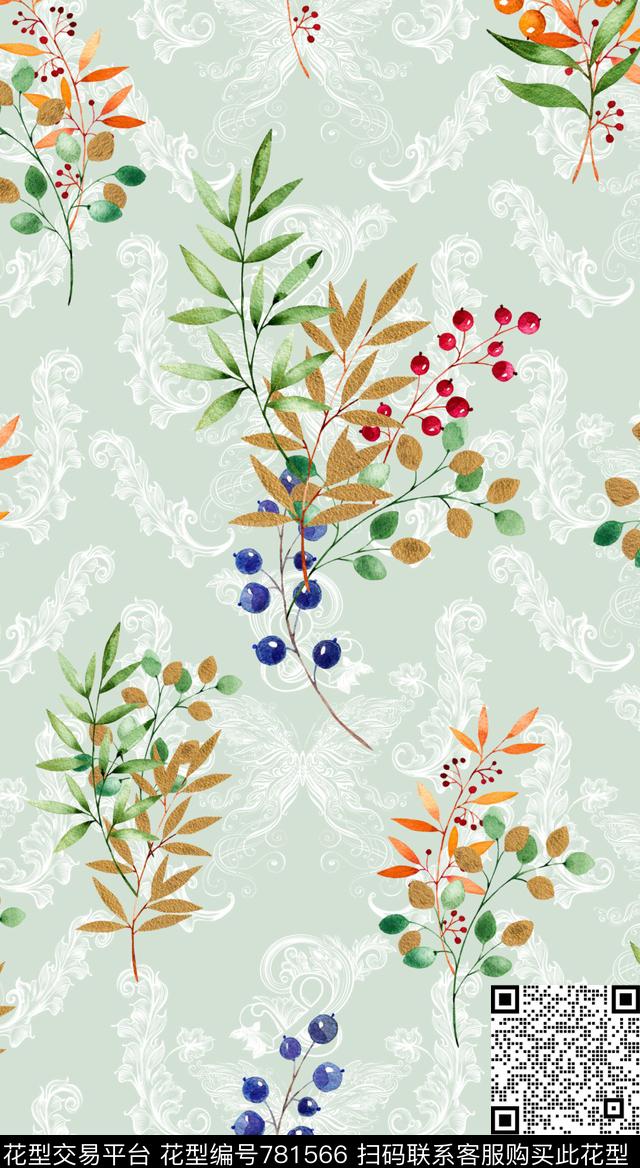 植物叶子印第安波西米亚浆果古典花纹日系中国风欧式素雅壁纸大牌风民族风植物花卉叶子秋冬时尚印花数码印花华亿平台下载（图片编号: 781566） - 瓦栏（Walan）