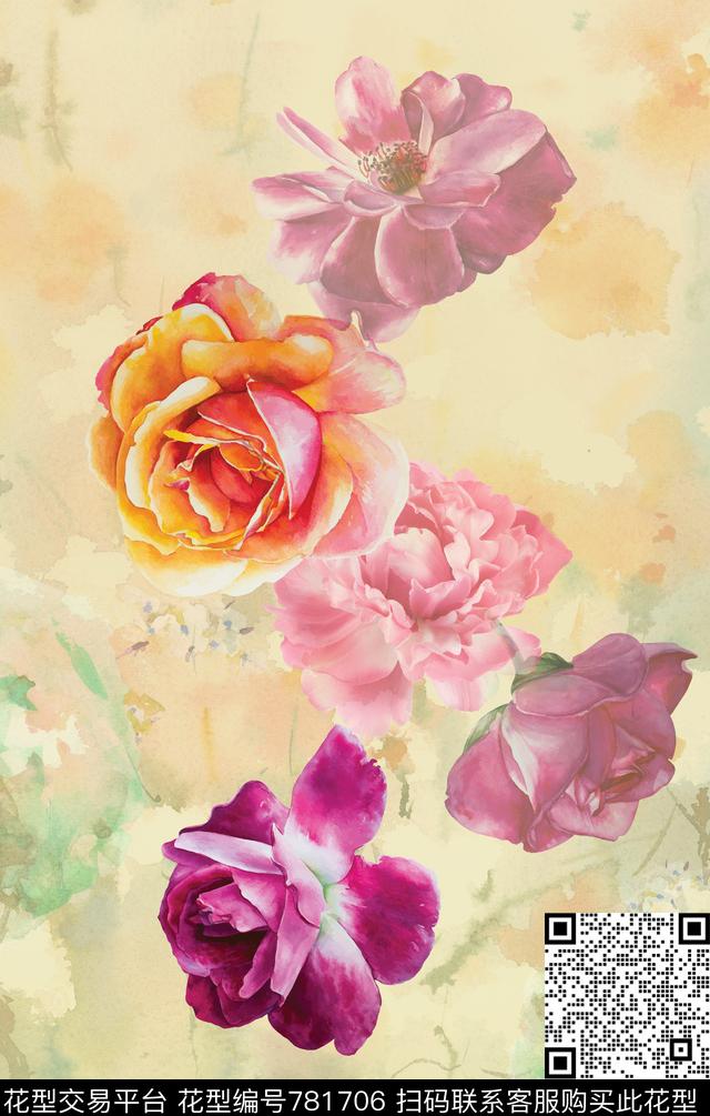 大朵花朵花瓣数码印花华亿平台下载（图片编号: 781706） - 瓦栏（Walan）