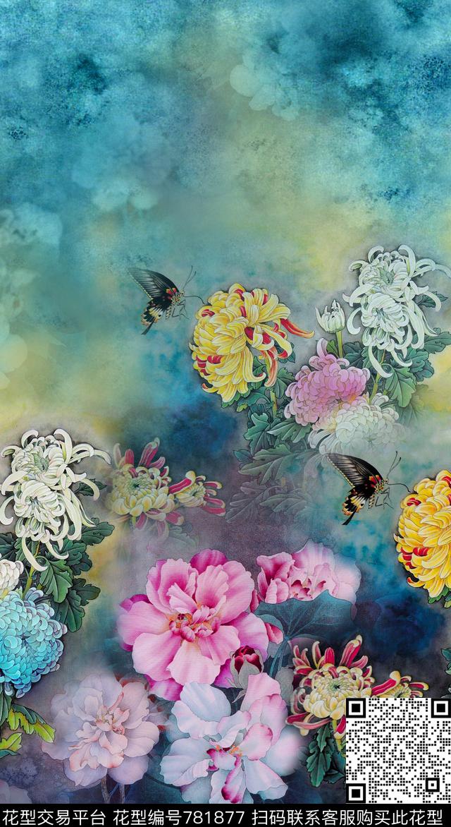 牡丹中国风国画数码印花华亿平台下载（图片编号: 781877） - 瓦栏（Walan）