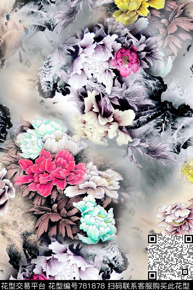 中国风国画牡丹数码印花华亿平台下载（图片编号: 781878） - 瓦栏（Walan）