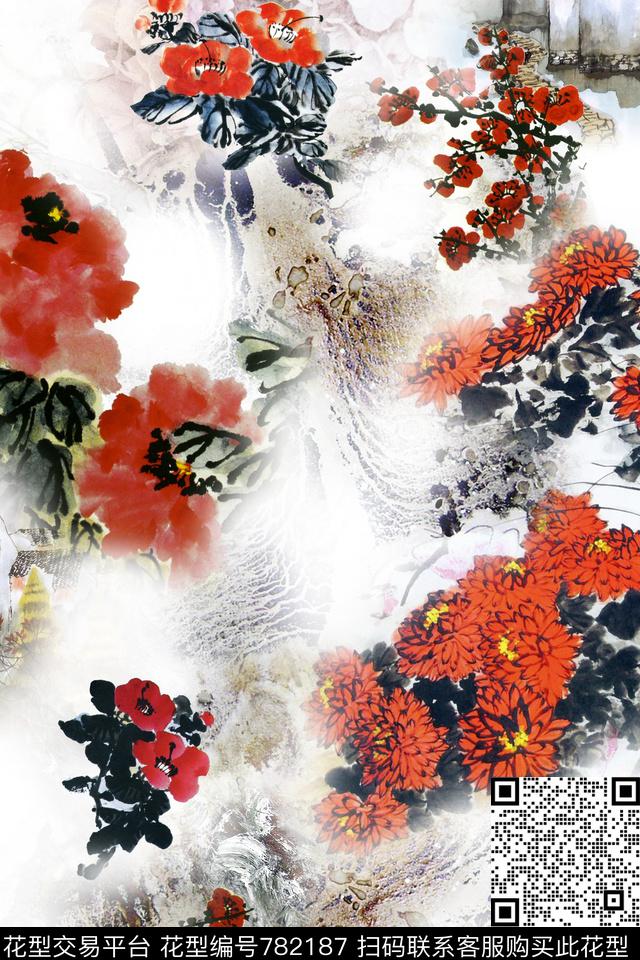 中国风水墨红花数码印花华亿平台下载（图片编号: 782187） - 瓦栏（Walan）