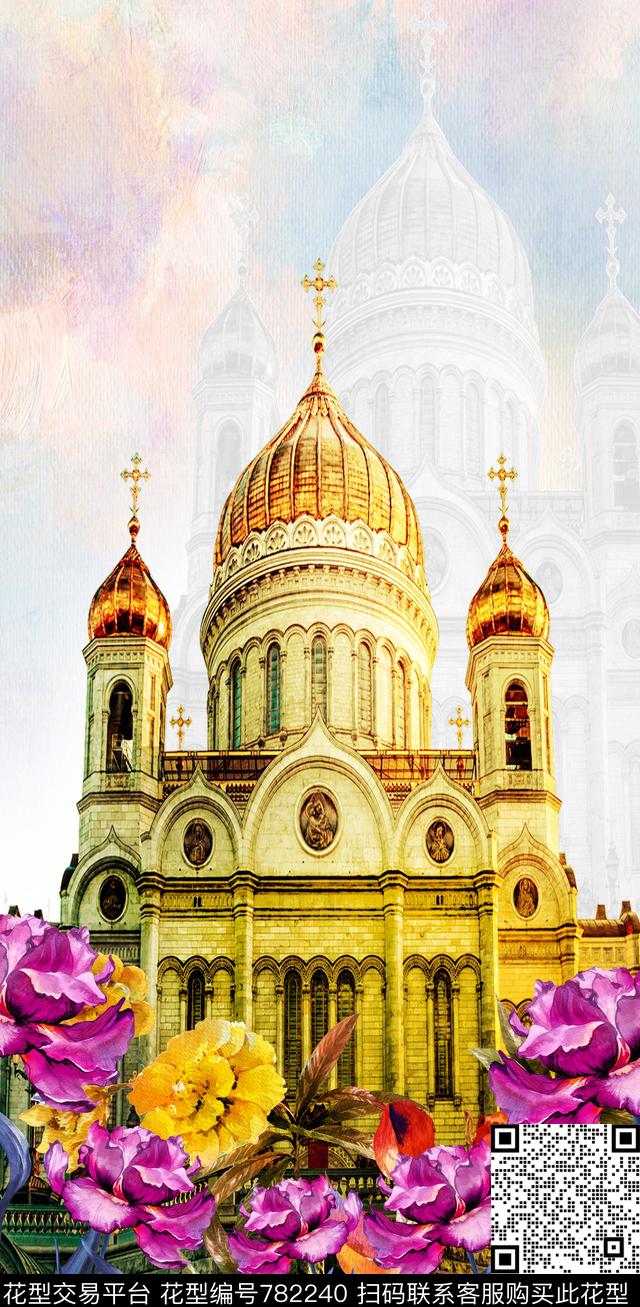 花卉建筑欧式数码印花华亿平台下载（图片编号: 782240） - 瓦栏（Walan）