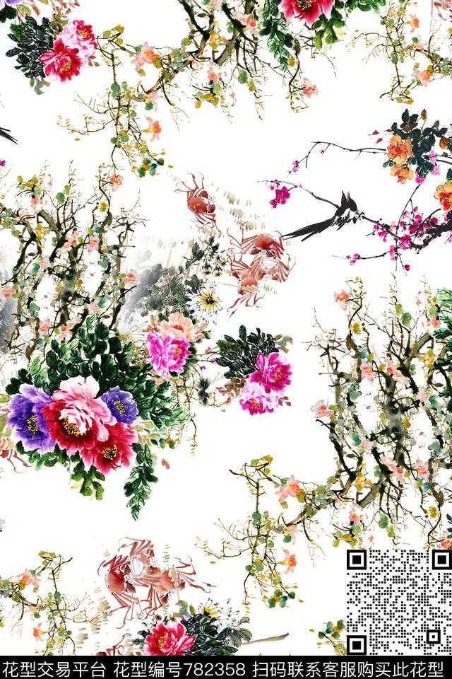 中国风花鸟牡丹数码印花华亿平台下载（图片编号: 782358） - 瓦栏（Walan）