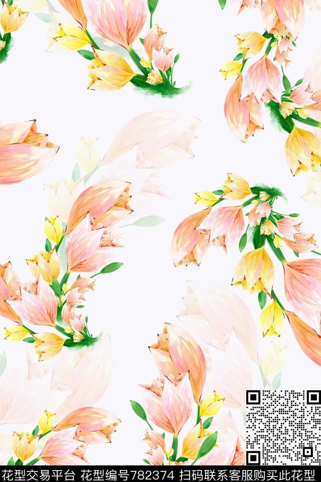 小清新风格水彩手绘大花花卉数码印花华亿平台下载（图片编号: 782374） - 瓦栏（Walan）