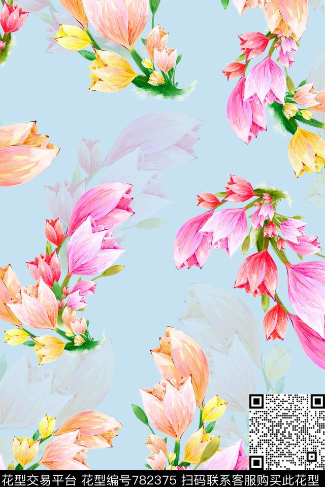 小清新风格水彩手绘大花花卉数码印花华亿平台下载（图片编号: 782375） - 瓦栏（Walan）