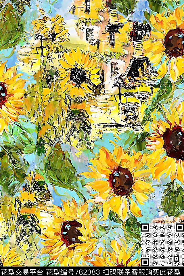 水彩花卉向日葵数码印花华亿平台下载（图片编号: 782383） - 瓦栏（Walan）