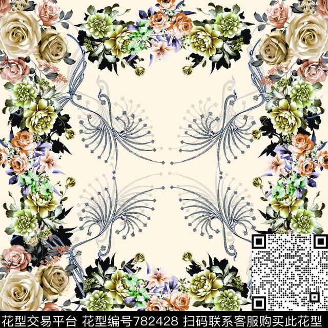 宝石花卉方巾数码印花华亿平台下载（图片编号: 782428） - 瓦栏（Walan）