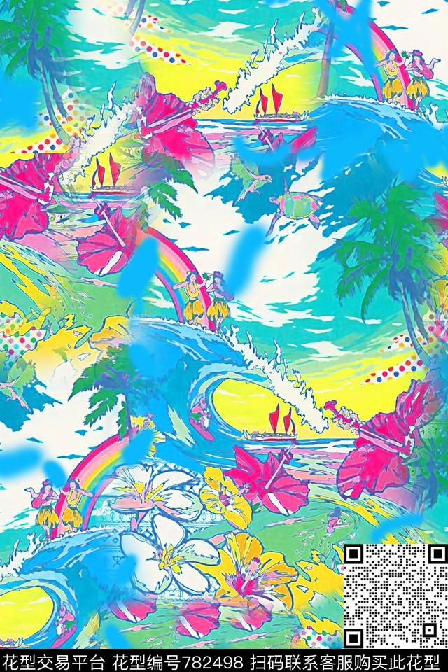 手绘水彩蓝色数码印花华亿平台下载（图片编号: 782498） - 瓦栏（Walan）