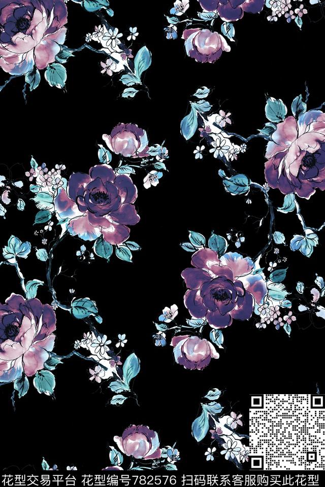 大花花卉花朵数码印花华亿平台下载（图片编号: 782576） - 瓦栏（Walan）