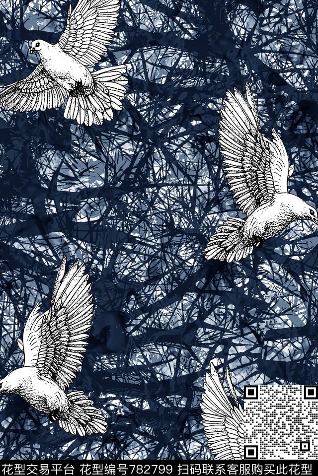 树枝纹理飞鸟男装衬衫华亿平台数码印花华亿平台下载（图片编号: 782799） - 瓦栏（Walan）