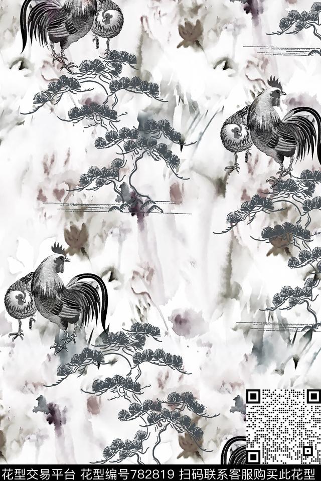 水墨纹理松树鸡数码印花华亿平台下载（图片编号: 782819） - 瓦栏（Walan）