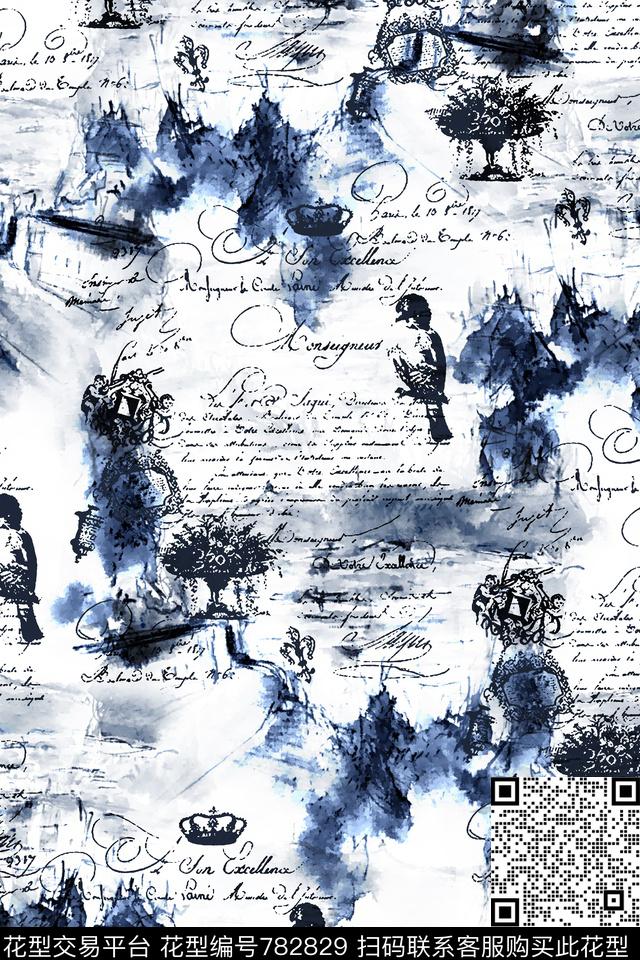 水墨纹理艺术英文字男装衬衫华亿平台数码印花华亿平台下载（图片编号: 782829） - 瓦栏（Walan）