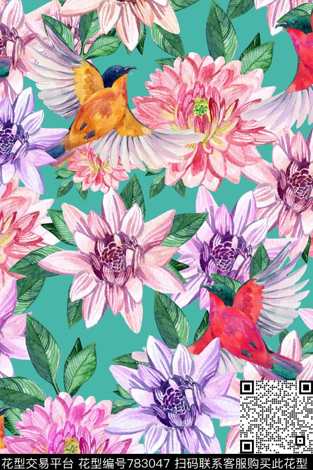 手绘鸟植物花草数码印花华亿平台下载（图片编号: 783047） - 瓦栏（Walan）