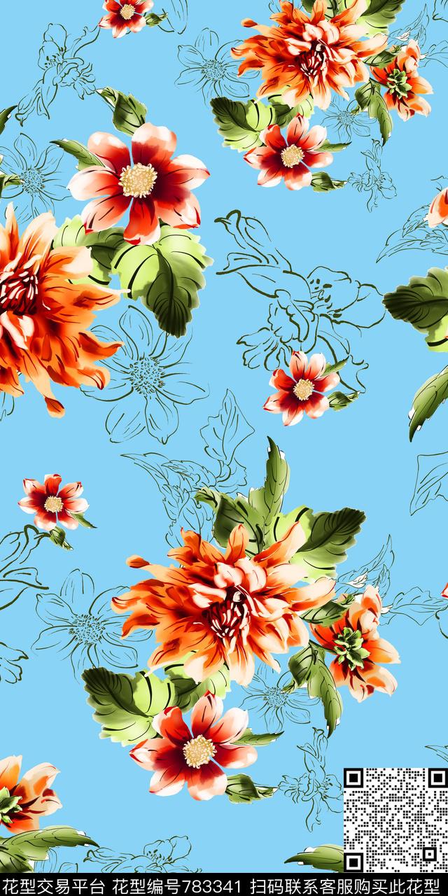 大花花卉花朵数码印花华亿平台下载（图片编号: 783341） - 瓦栏（Walan）