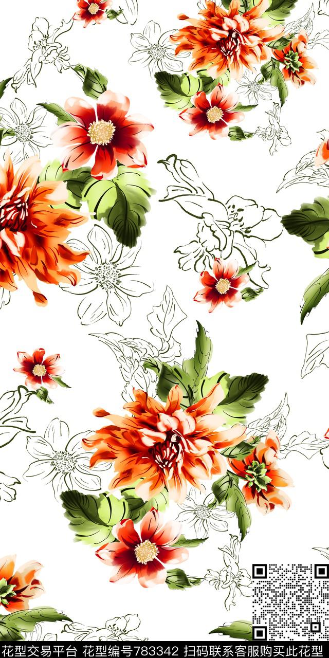大花花卉花朵数码印花华亿平台下载（图片编号: 783342） - 瓦栏（Walan）