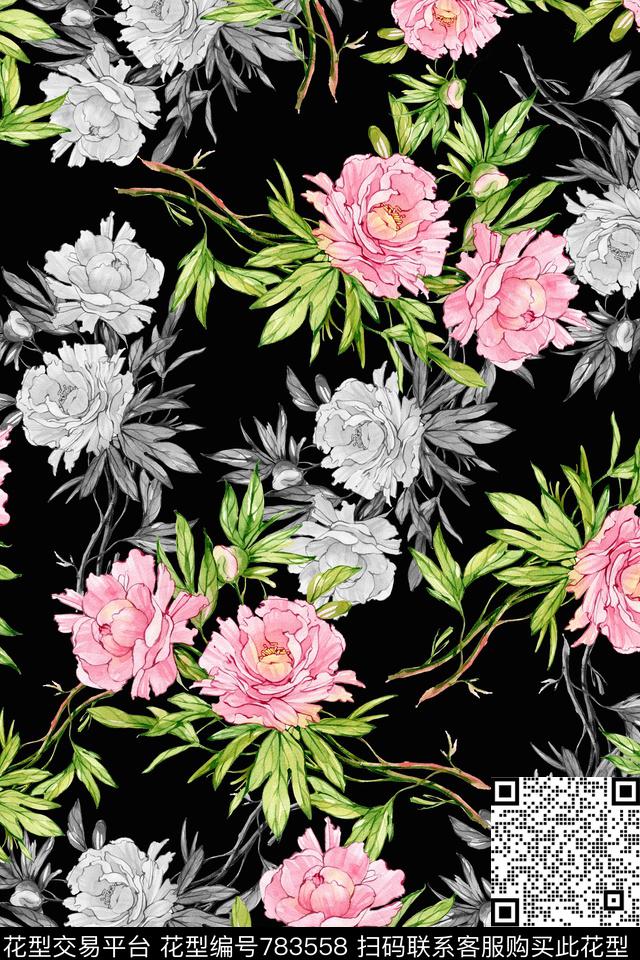 水彩手绘花卉小清新黑白花数码印花华亿平台下载（图片编号: 783558） - 瓦栏（Walan）