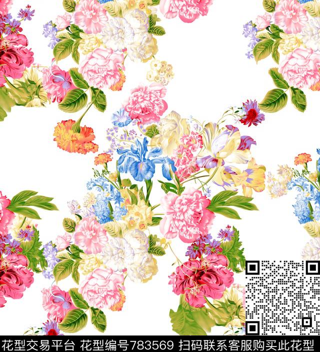 花卉白底乱花链接传统印花华亿平台下载（图片编号: 783569） - 瓦栏（Walan）