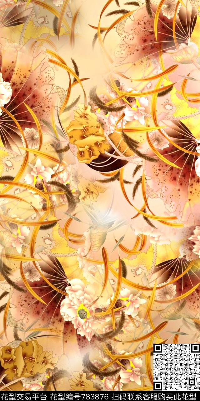 抽象花卉手绘荷叶复古数码印花华亿平台下载（图片编号: 783876） - 瓦栏（Walan）