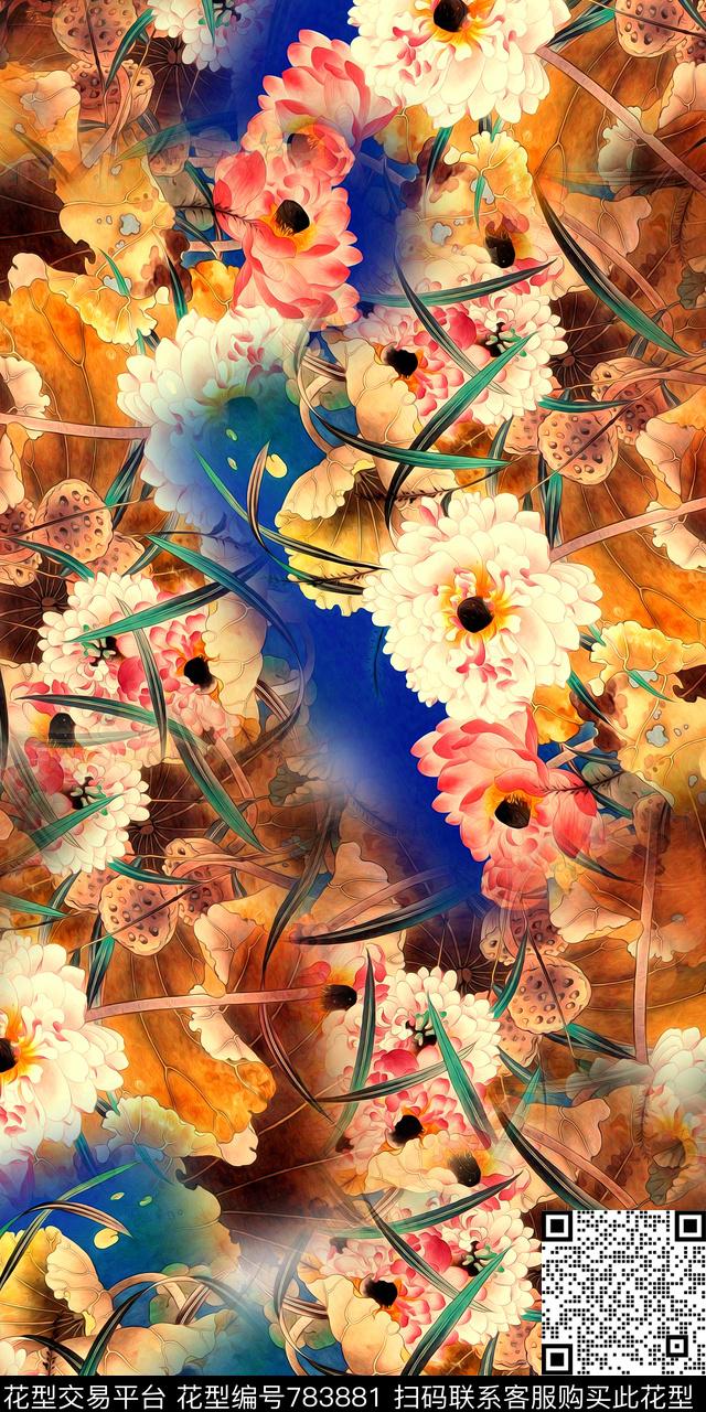手绘花卉手绘荷花手绘荷叶数码印花华亿平台下载（图片编号: 783881） - 瓦栏（Walan）