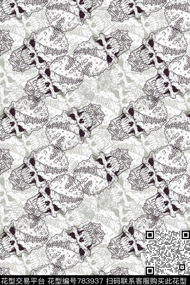 抽象复古骷髅头传统印花华亿平台下载（图片编号: 783937） - 瓦栏（Walan）